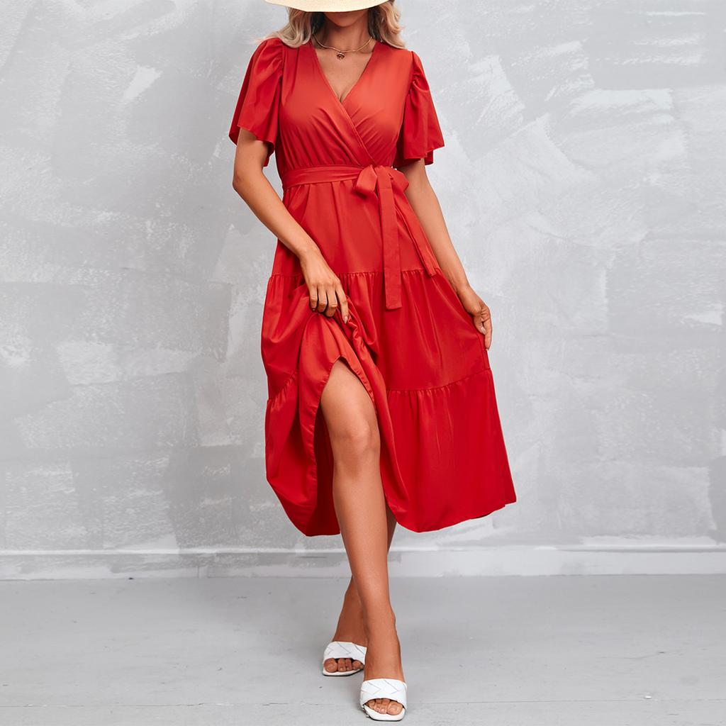 Modisches Damen Sommerkleid in Farbe mit V-Ausschnitt, kurzen Ärmeln und Bindung für den Strandurlaub