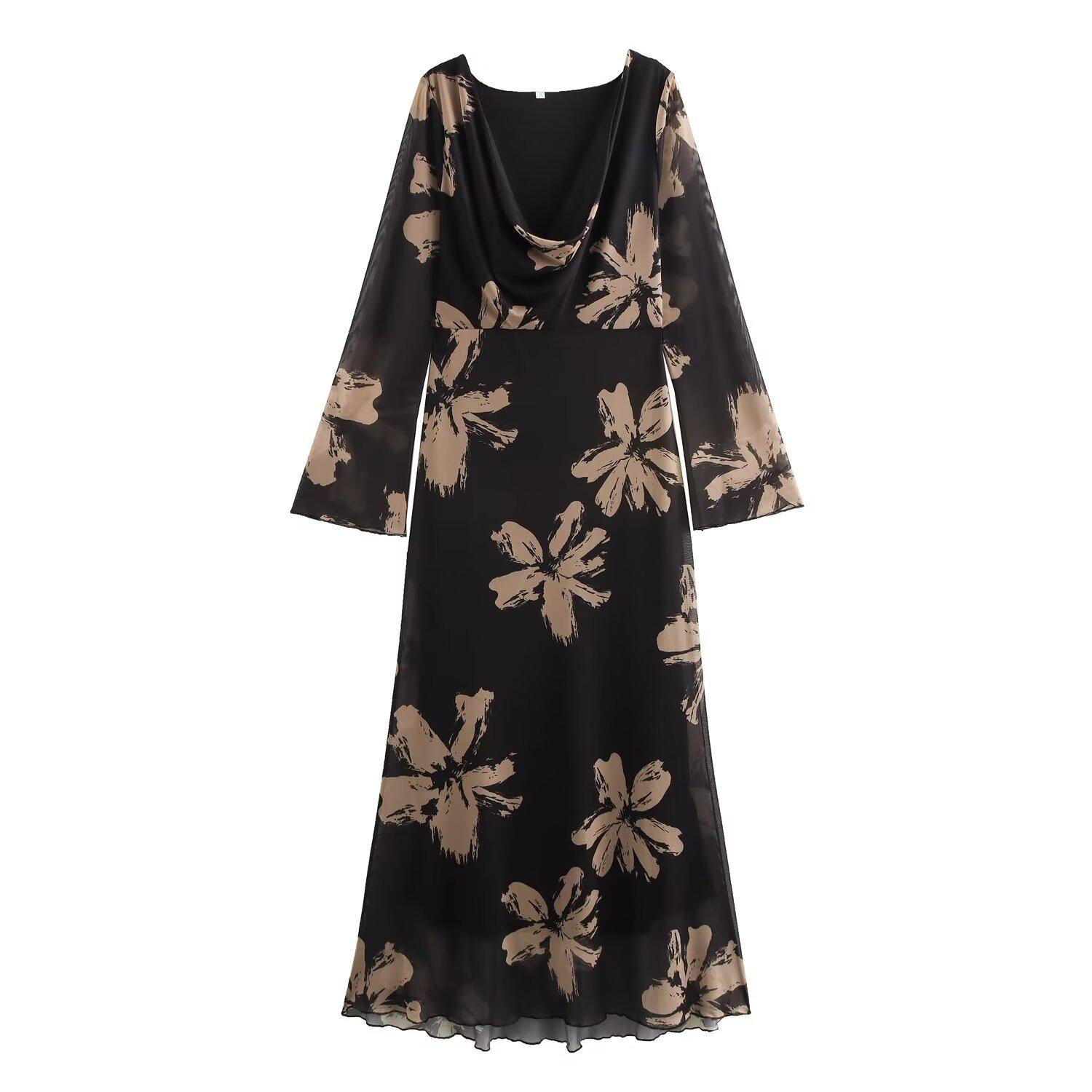 

Осень 2024 Женское платье в европейском и американском стиле с принтом, сетчатое, с длинным рукавом и драпированным вырезом Large цветочный