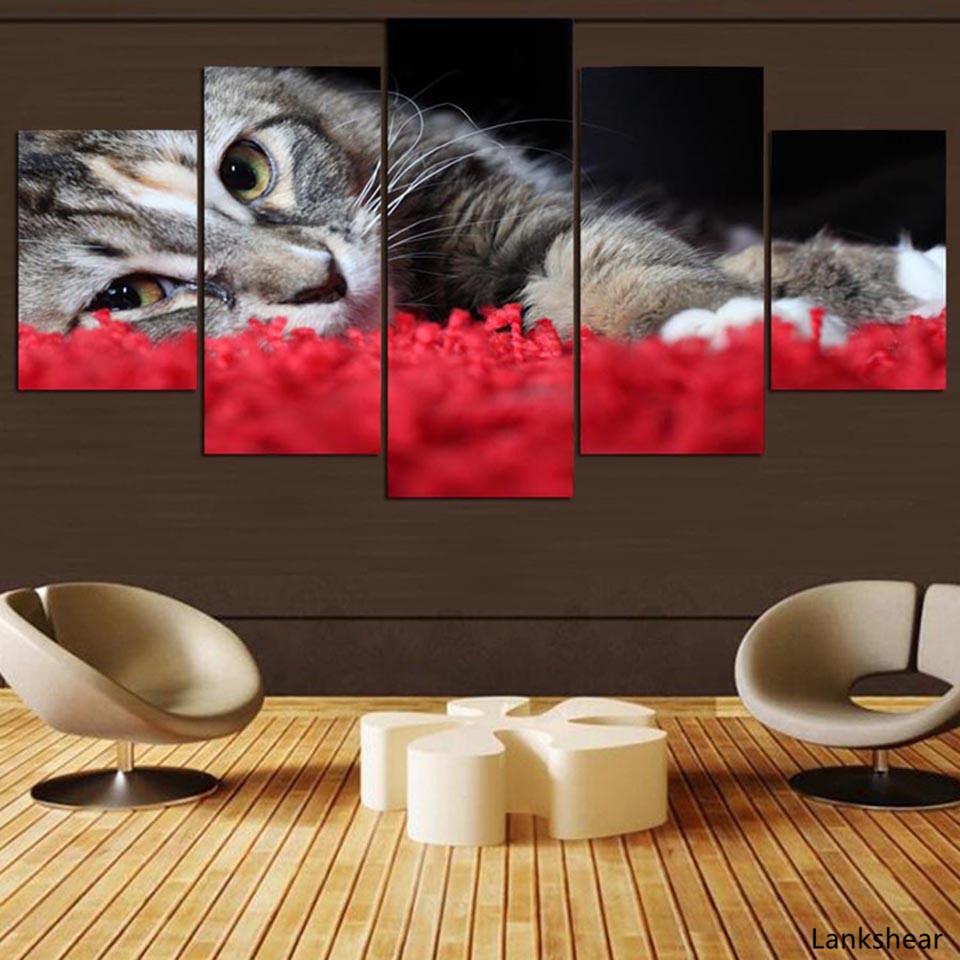 Nowoczesne malarstwo HD drukowane na płótnie 5 Panel piękny kot dekoracja wnętrz dla zwierząt plakaty ramy salon obrazy na ścianę!