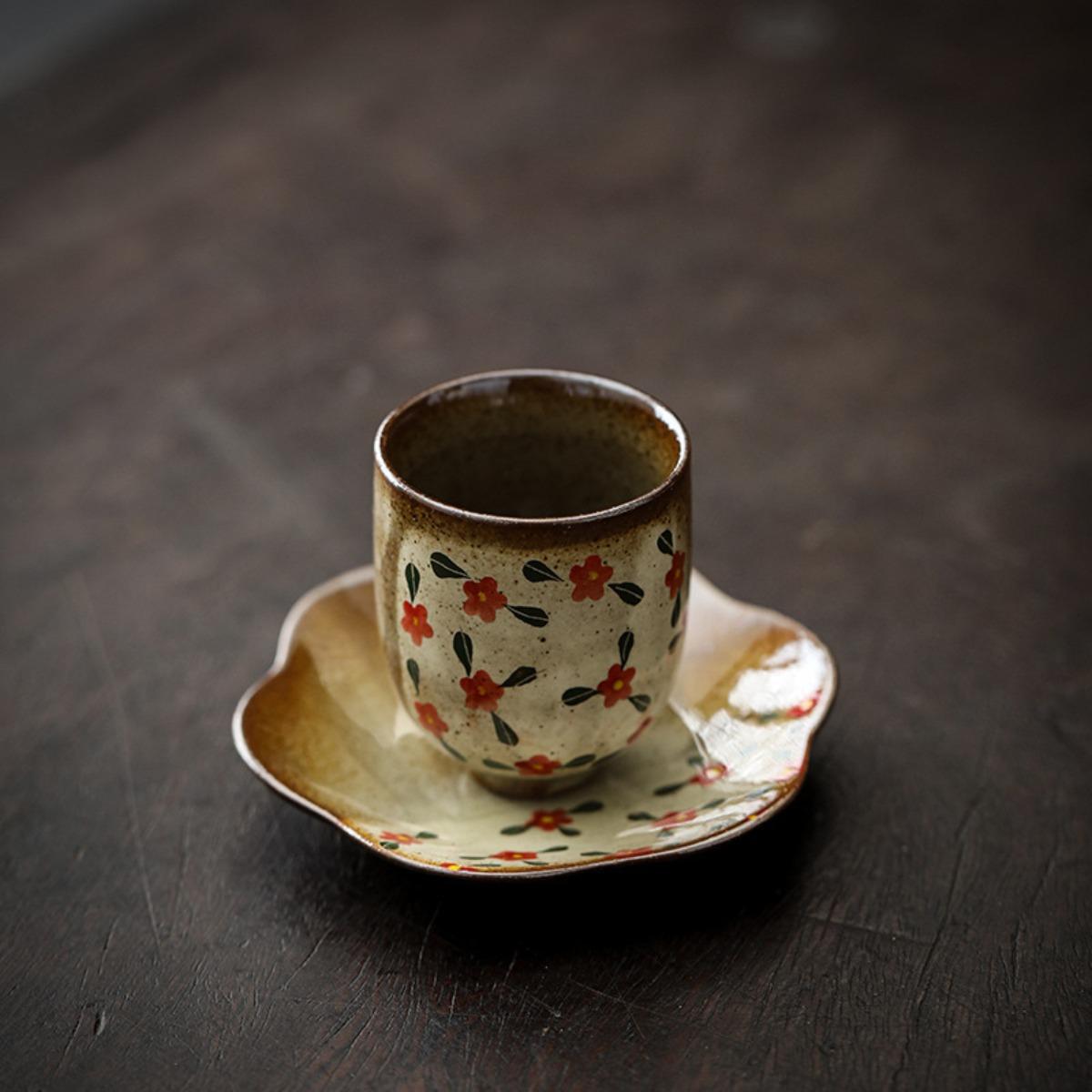 

Hand Painted Floral Ceramic Tea Cup Set with Coaster Chinese Style Retro Tea Drinking Cup for Home Use