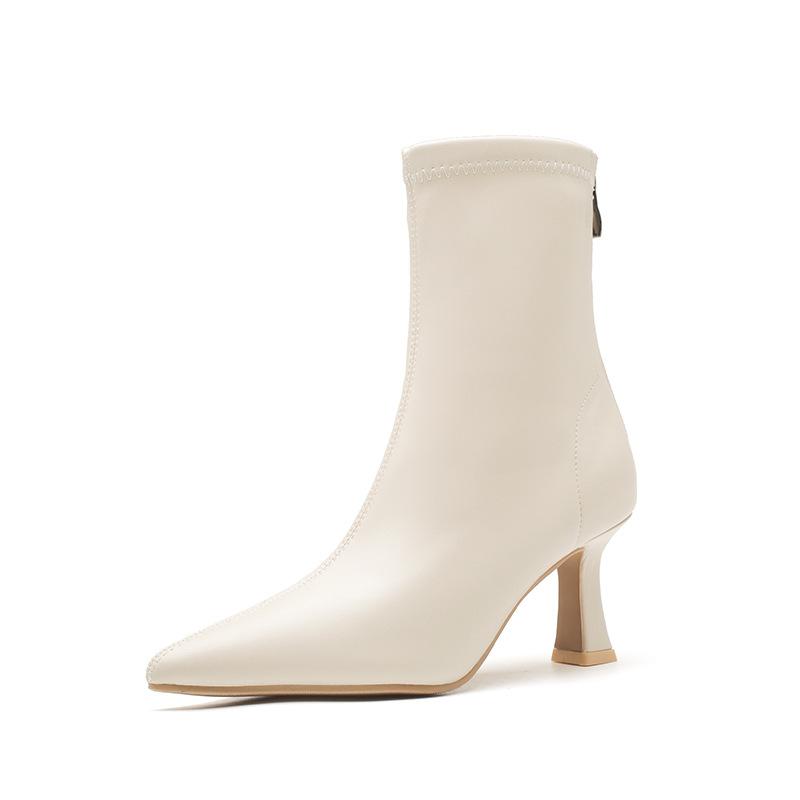 Dünner Absatz kurze Stiefel Damen neu Herbst und Winter 2025 spitz zulaufend Temperament schlicht einfarbig Reißverschluss hinten mittelhohe Stiefel machen nicht müde