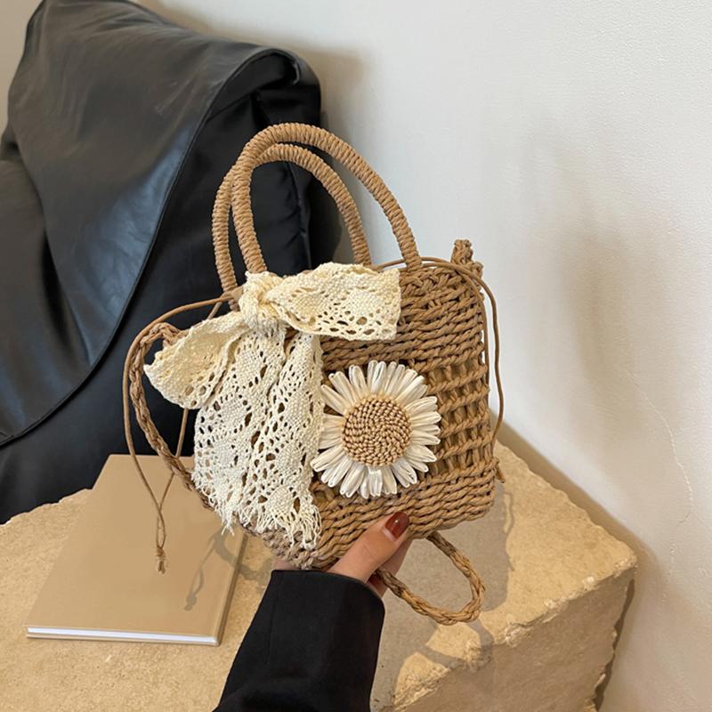 Ladies Luxury Bags Csw003 Women's Weave Lace Bow Handbag Dacron Square Shape Straw Weave Bag Small Bucket Tote Bag