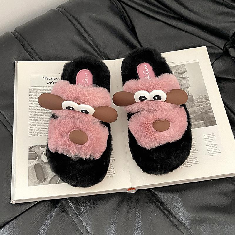 Fashion Versatile Cute Cartoon Soft Cotton Plush Slippers Women's 2025 Autumn and Winter New Outer Wear Fluffy Slippers