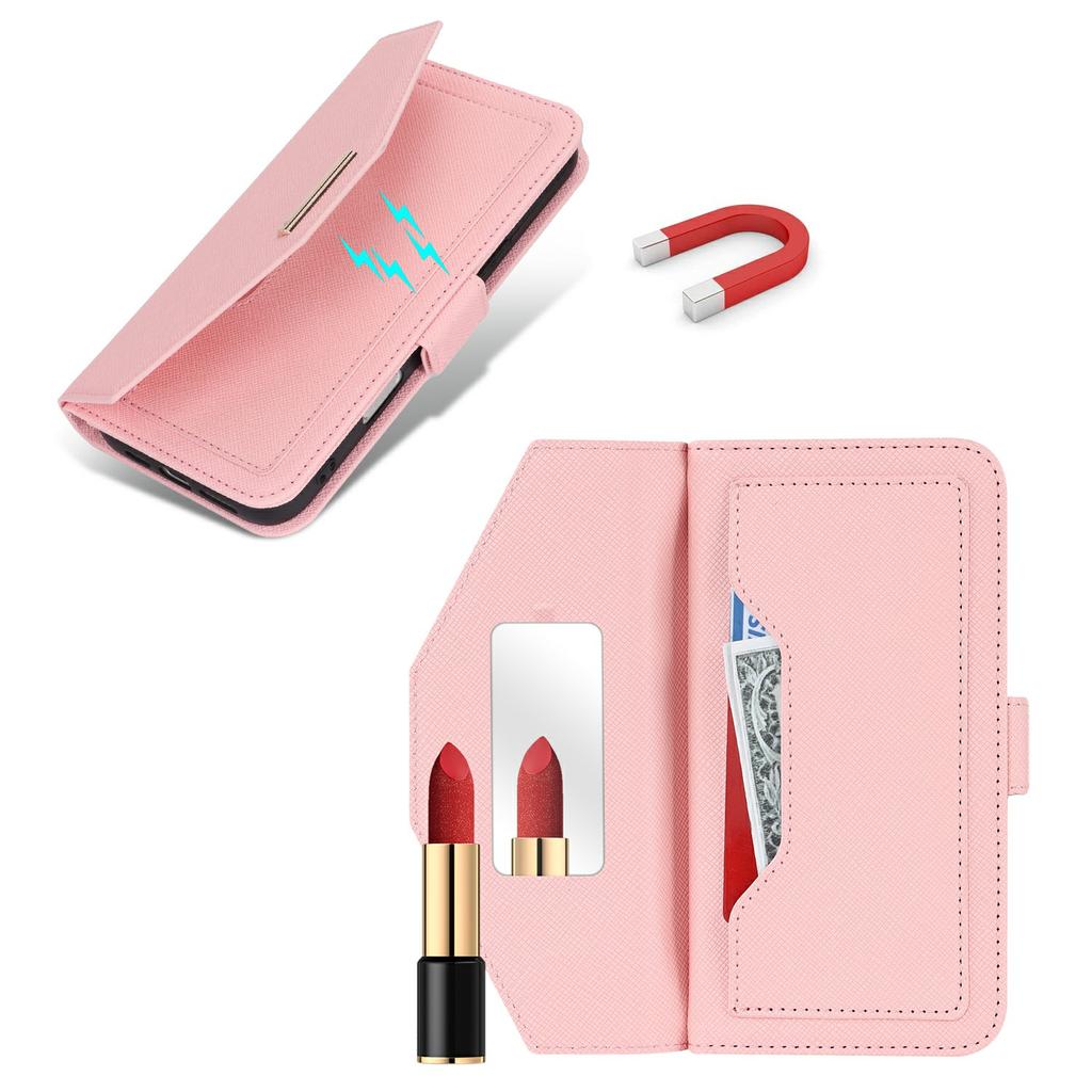For iPhone 16 Stand Case Cross Texture PU Leather Wallet Phone Cover with Shoulder Strap/Makeup Mirror
