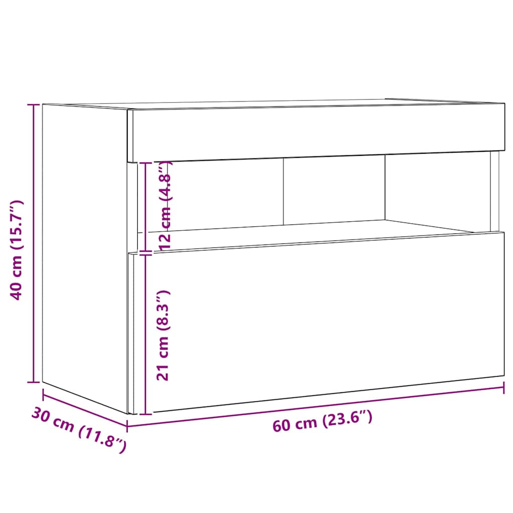 Wall Mounted TV Cabinet with LED Vintage Wood Finish 60 x 30 x 40 cm Engineered Wood