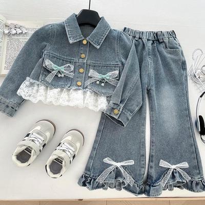 Mädchen Koreanischer Stil Spitze Jeansjacke & Micro Flare Jeans Set für Herbst 2025