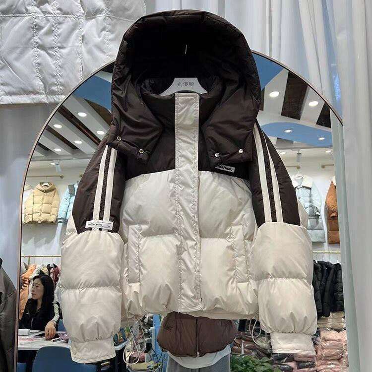 Color matching hooded down jacket women's short winter new thickened white duck down bread jacket warm jacket