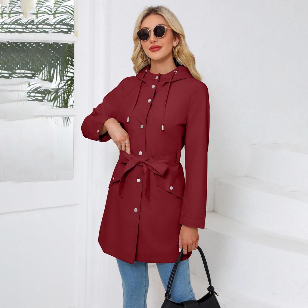 Herbst Damen Einreihig Einfarbig Reverskragen Kapuze Langarm Locker Jacke Windmantel