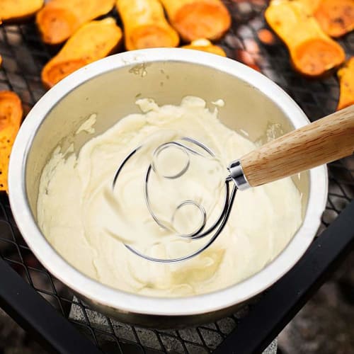DIFENLUN Danish Dough Whisk Bread Mixer, 2-Pack, Stainless Steel Dutch Whisk Hand Mixer with Wooden Handle, Kitchen Baking Tool for Cakes, Desserts, S