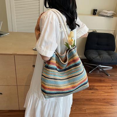 Bolsos de Hombro Grandes de Paja Tejida para Verano Venta Bolsos Dulces para la Playa y el Trabajo 2026 Bolsos de Mujer con Rayas de Colores