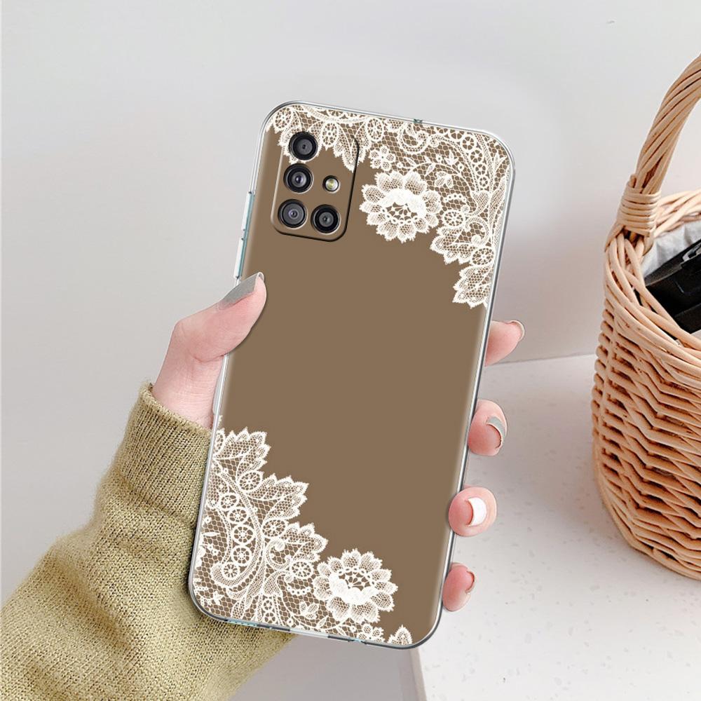 Phone Case For Samsung A15 A13 A35 A55 A51 A71 A41 A31 A21S A03S A05 A17 A23 A25 A33 A53 A73 5G A07 4G Clear Cover Lace Printed