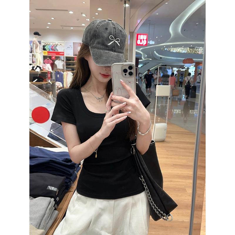 

Versatile U-neck front shoulder short-sleeved T-shirt women s summer new slim-fitting and thin solid-color simple top XL чорний