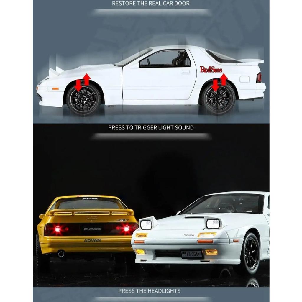 1/24 Mazda RX7 Initial D Racing Toy Car JDM Model 1:24 Diecast Meatl Vehicle Miniature Sound Light Collection Gift for Boy Kid