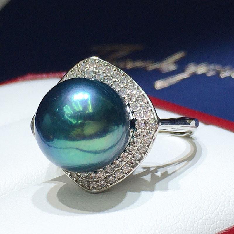 Elegant Freshwater Black Pearl Ring with Large 10-11mm Round Bead, Strong Luster - Perfect Holiday Gift Adjustable