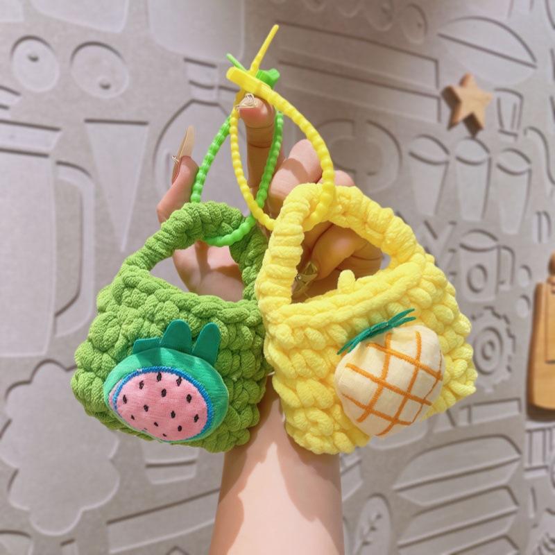 Cute Fruit Cartoon Knitted Children Coin Purse Earphone Case Braided Keychain Pendant