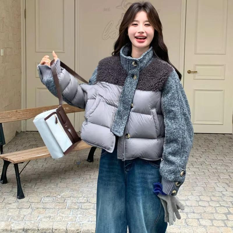 Fashion Woolen Spliced Down Padded Jacket Women's Winter Short Coat Loose Parkas Thicken Warm Stand-collar Outerwear