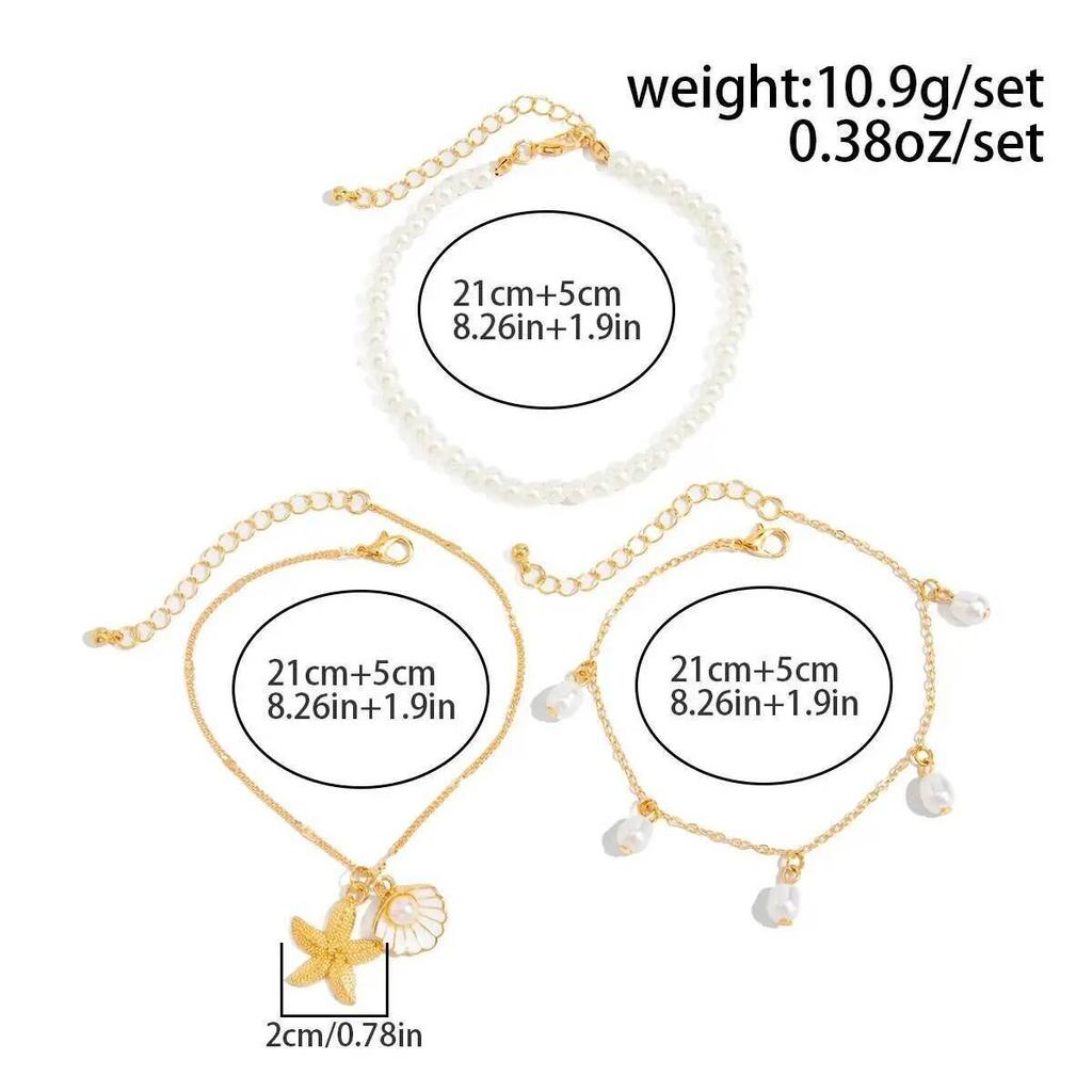 Ingemark 3Pcs/Set Boho Bohemia Sea Starfish Conch Pendant Foot Chain Trendy Imitation Pearl Beaded Anklet Summer Beach Jewelry