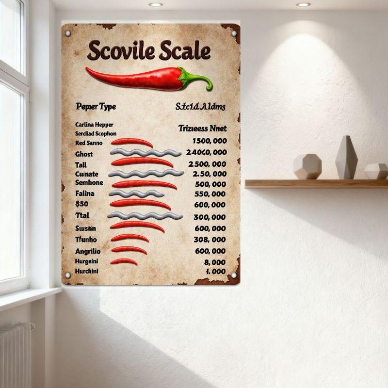 Vintage Scoville Skala Chilipeppar Värmenivå Metallplåtburksskylt - Rustik Åldrad Väggplakett för Kulinarisk Heminredning, Restaurang Bar M