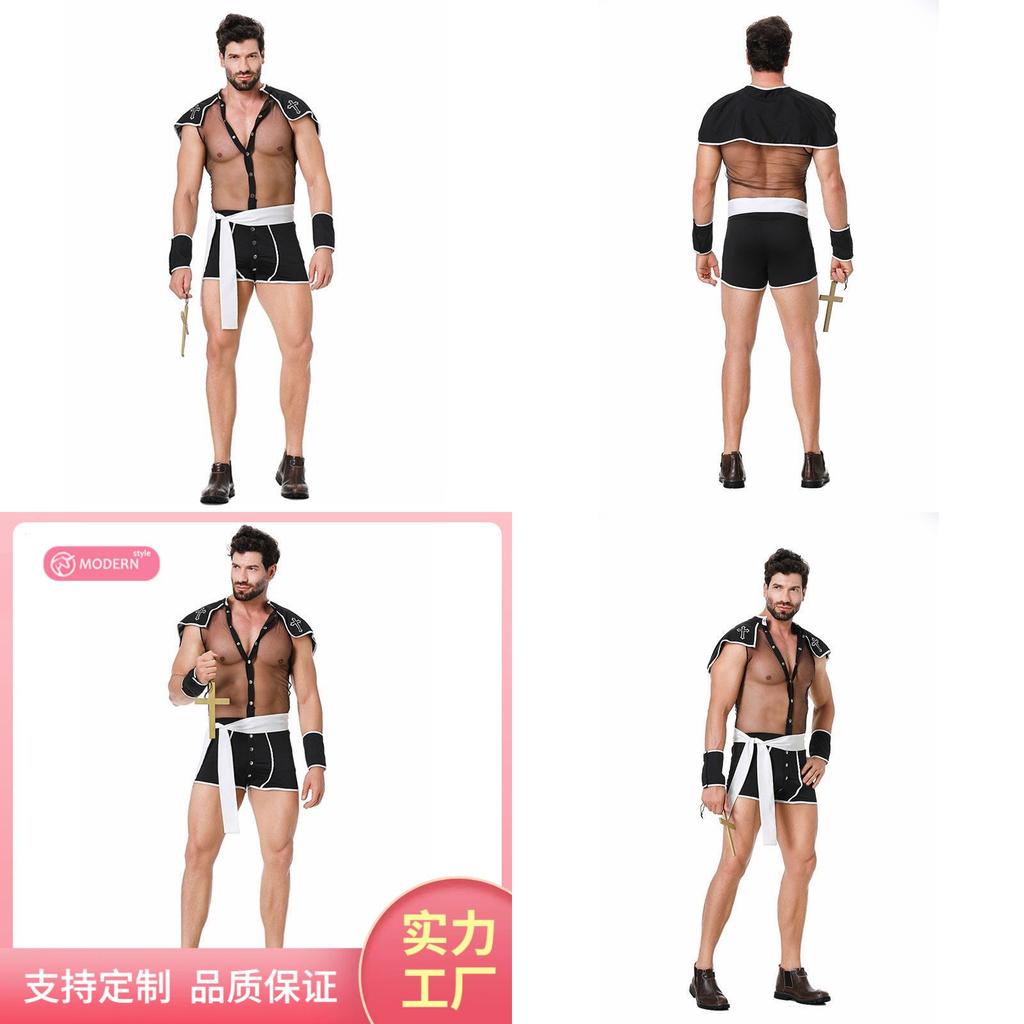 2023 New European And American Men's Adult Nightclub Sexy Mesh Bodysuit Priest Roleplay Costume