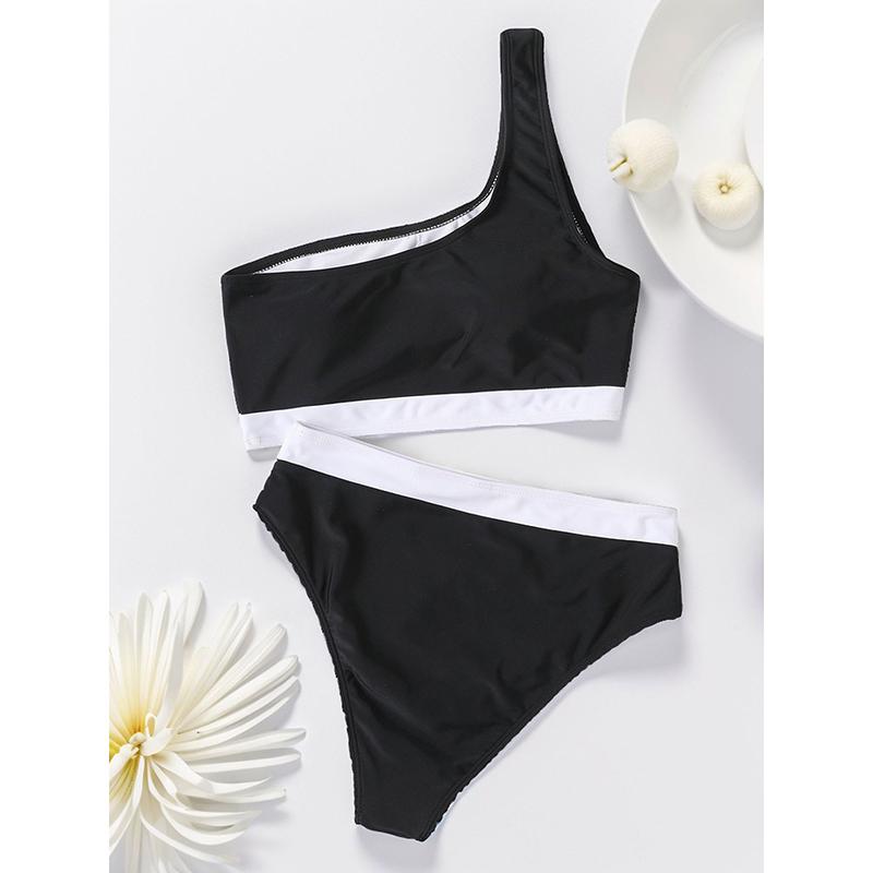 Patchwork Bikini Women Solid Color High Waist 2 Piece Swimsuit Single Shoulder Tankini Backless Beach Bathing Suit