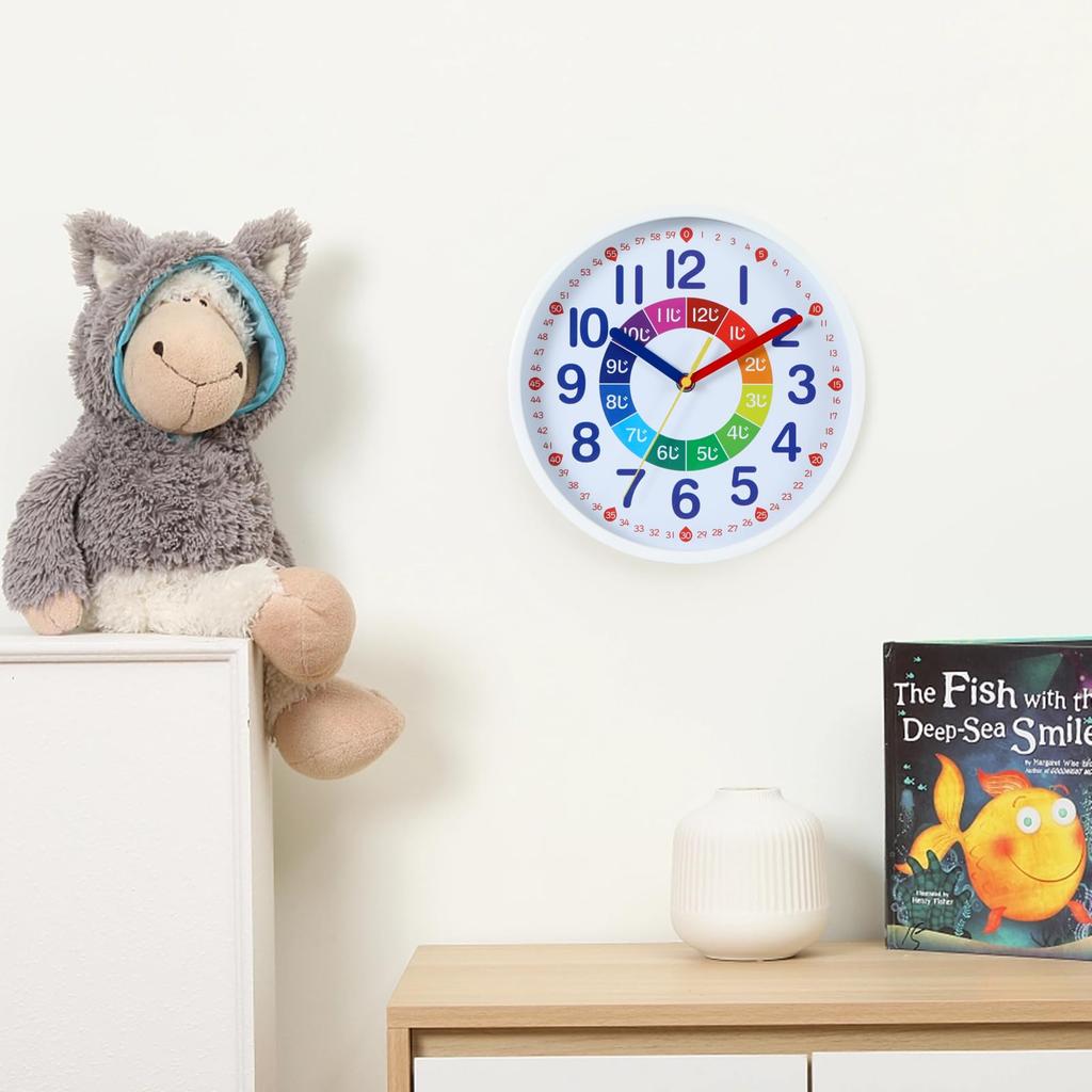 Nbdeal Educational Wall Continuous Second Diameter White Face with White Frame Clock, Clock, Radio-Controlled Clock, Hand, Quiet, 25cm, DB-887