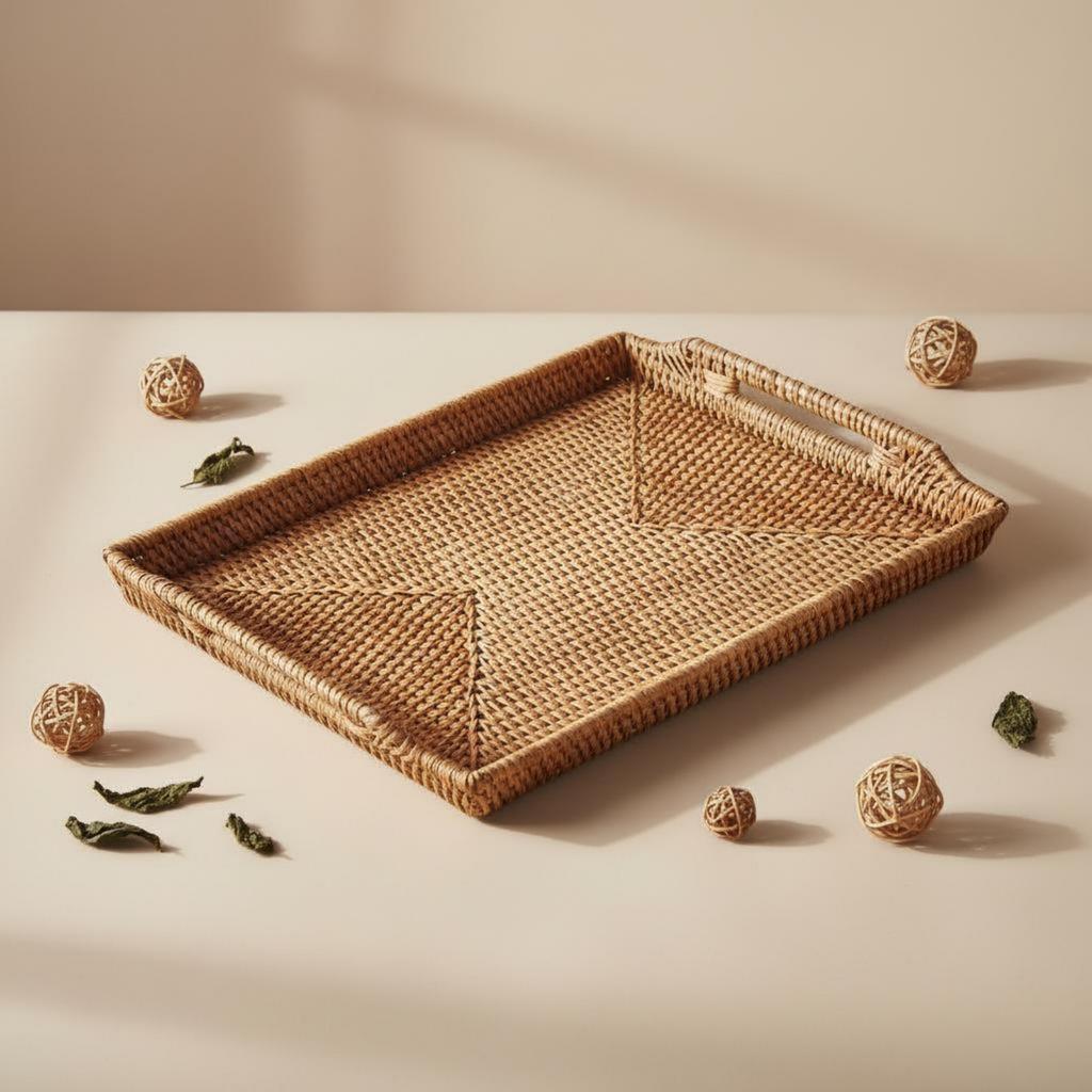 Woven Rattan Tray with Handles Rustic Design Rectangular Rattan Tray Rectangular Wicker Platter Food Safe Home Decor