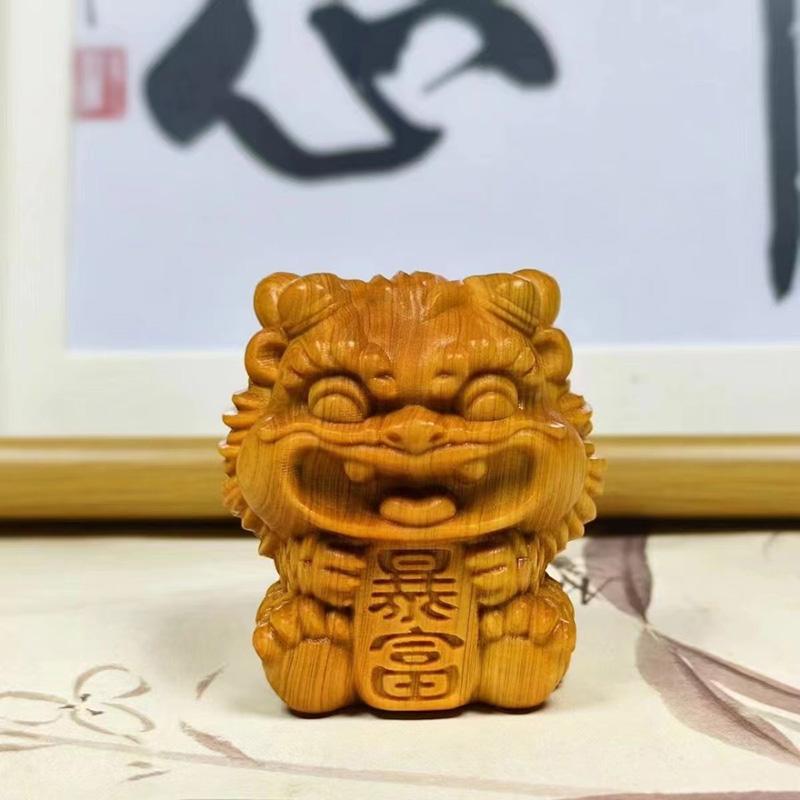 Natural Solid Wood Feng Shui Little Lion Lucky Mini Statue Cute Home Room Office Car Decorations  Featured Mascot A Pair