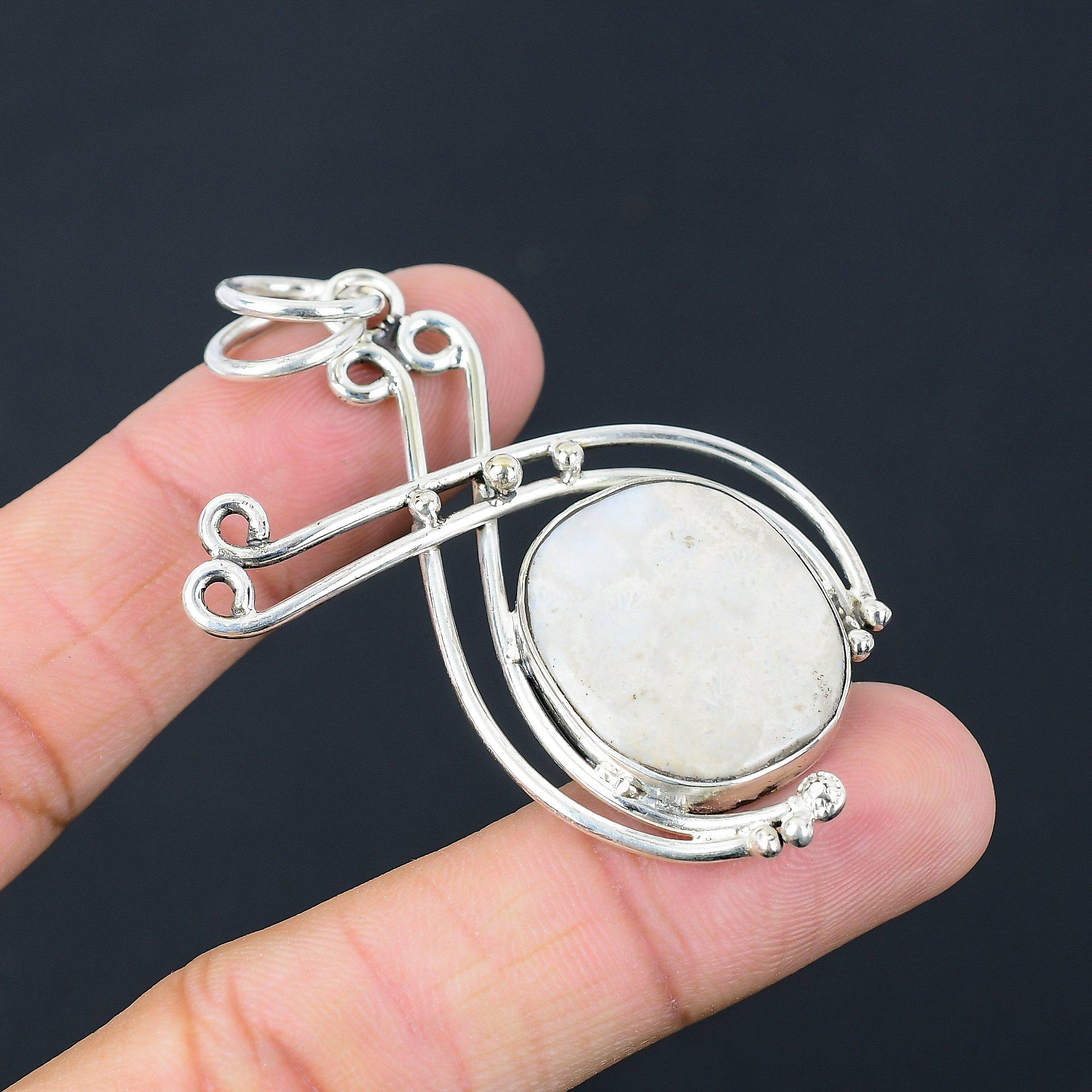 Mothers day Sale Oval Fossil Coral Gemstone Sterling Silver Sister Boho Pendant