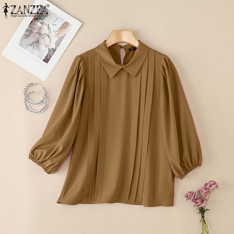 ZANZEA Women Summer Turn Down Collar Loose Casual 3/4 Sleeve Solid Blouse