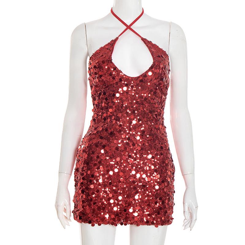 

European Summer Sequin Halter Backless Party Dress for Women L червоний