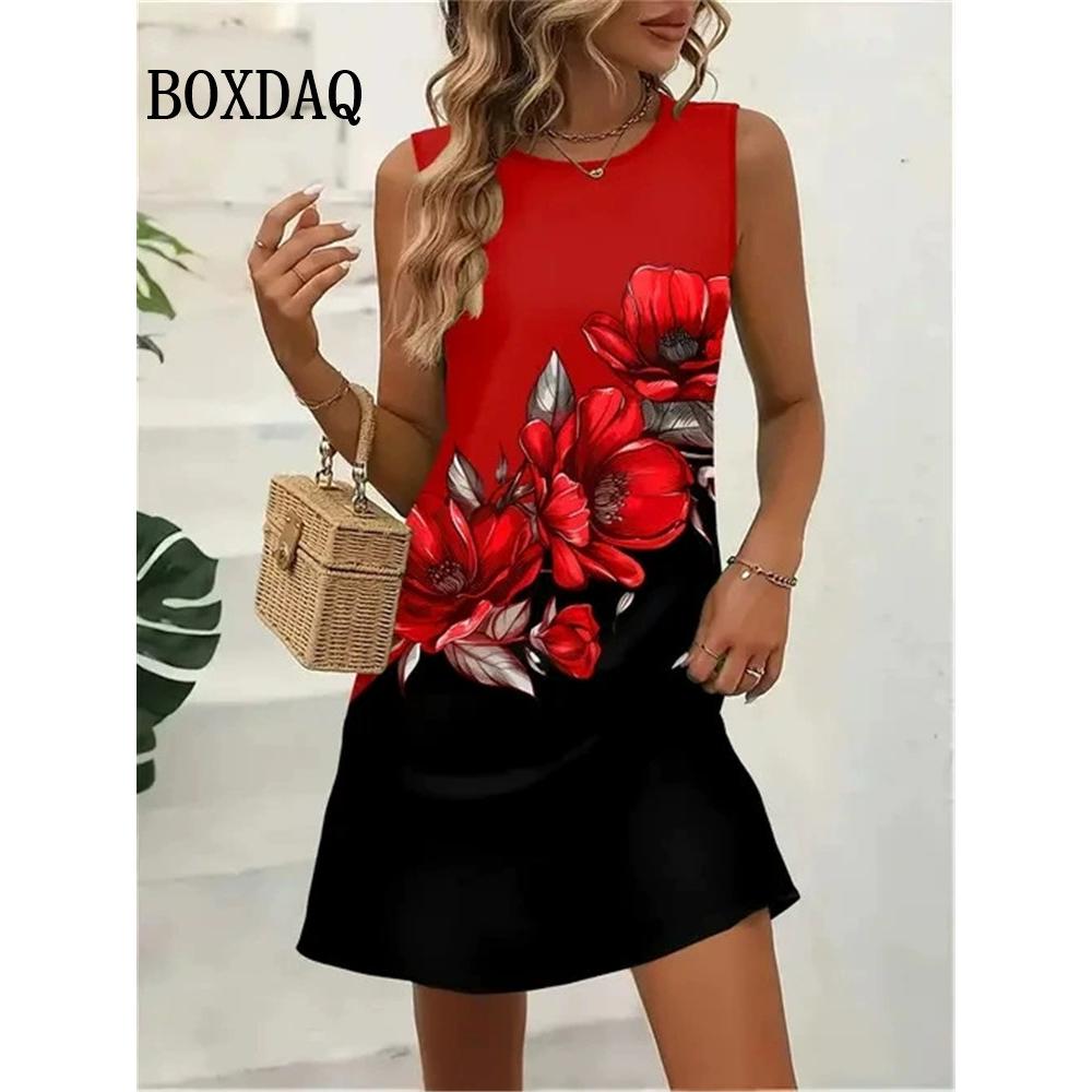 Summer Fashion Cat Pattern 3D Print Dresses Women Casual Sleeveless Flowers Beach Short Dress