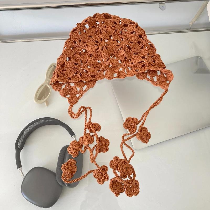 2025 New Thin Hollow Handmade Crochet Knitted Hats for Women Spring and Summer Travel Versatile Concave Strap Beanies Caps