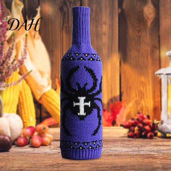 Festive Bar Accessories Halloween Wine Bottle Sweater, Reusable Knitted Champagne Cover, Pumpkin Skull Soft Fabric Wrap Spider Pattern Sleeve