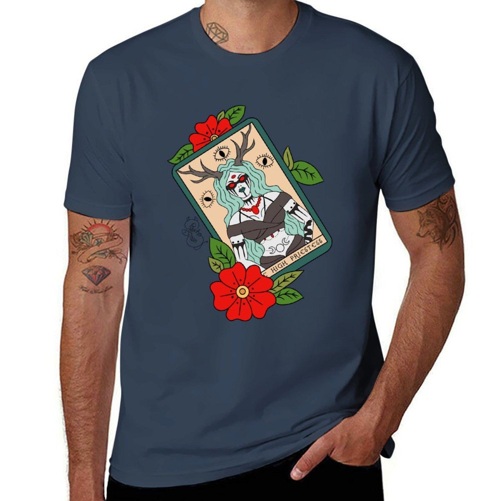 High Priestess Tarot Card Floral Tattoo Tshirt Cool Feeling Summer Tee Shirt S