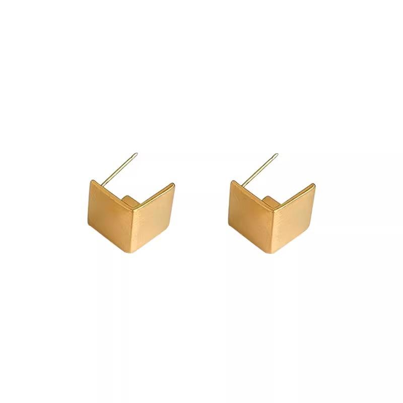 S Silver Needle Three-dimensional Square Brushed Metal Small Square Earrings Simple Design Sense of Moisture Cold Wind Niche Earrings