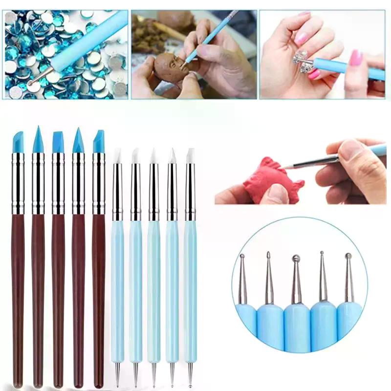 1/10/15 Pcs/Set Dual Ended Rhinestone Nail Art Silicone Pen Sculpture Pen/3D Flower Carving/Dotting Nail Tool Manicure Brush