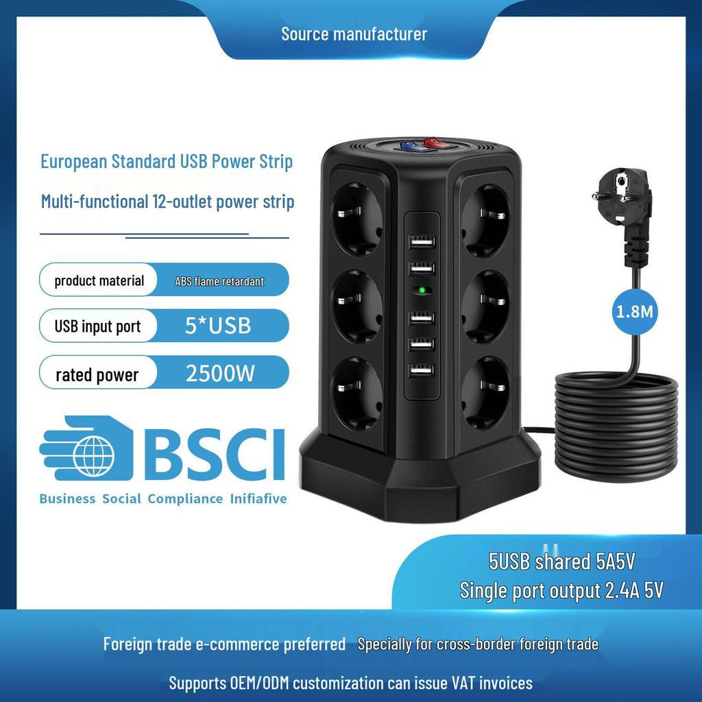 European Standard Power Strip: 3-Layer, 12 Sockets, USB, Extension Cord, Multi-Hole Plug Board