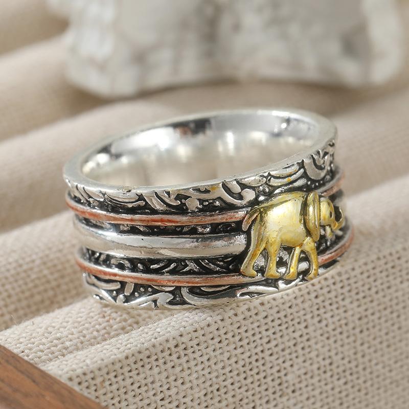 Vintage Hand Carved Elephant Wide Women's Ring Three Color Metal Geometry Daily Wear Party Jewelry Anniversary Gift