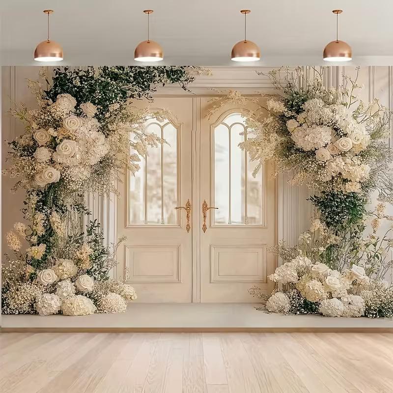 

2D Romantic Wedding Backdrop Classic Door with Lush White Florals Studio Photography Background 47.2x31.5inch/120*80cm