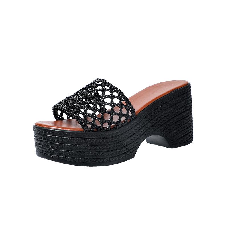 

2025 Women s Slippers Round Toe Platform Sole Wedges Weaving Hollow High Heels Shoes Fashion All-match Beach Plus-size Flip-flop 42 чёрный
