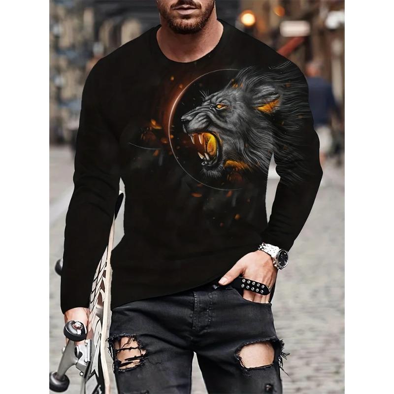 Spring and Autumn Round Neck 3D Lion Pattern Printed Top Fashionable Casual Long Sleeved Men's T-shirts