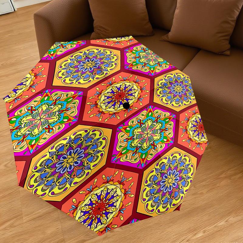 1PC Mandala PatternsAutomatic Open/Close Umbrella with Windproof, 8-Rib Sturdy Canopy, Durable Ribs, Fashionable Design, Outdoor Accessory, Fun Prin,
