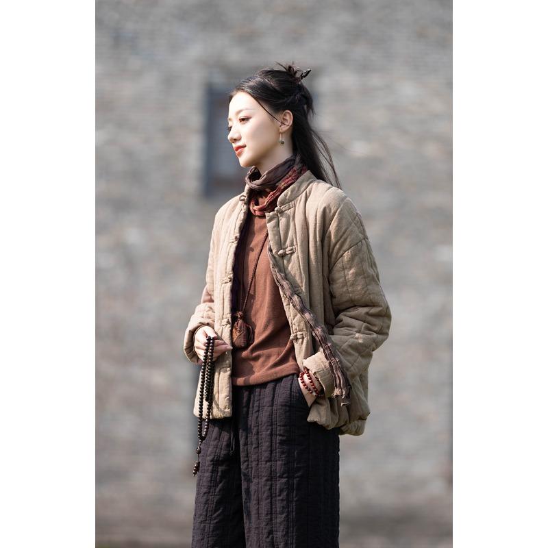 25 winter cotton and linen women's new Chinese retro quilted short cotton clothes women's zen thickened linen cotton-padded clothes