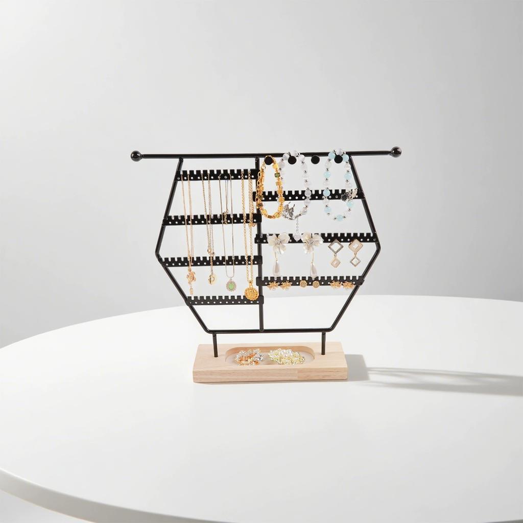 Fashion Metal Hexagonal Jewelry Rack Desktop Pendant Necklace Bracelet Earring Ring Display Storage Stand Counter Showcase Props