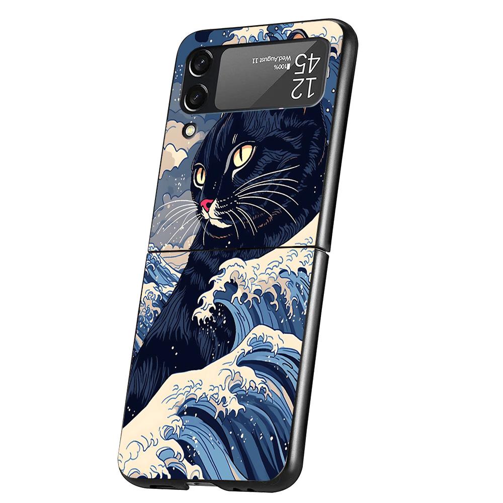 Anime Cat Sea Wave Aesthetic Cover Phone Case For Samsung Galaxy Z Flip 7 6 5 4 3 5G Flip7 Flip6 Flip5 Flip4 Flip3 Black Fundas