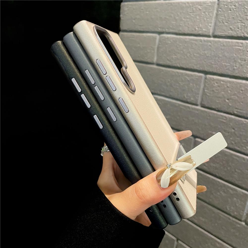 Luxury Matte Leather Fold Stand Holder Phone Case For Samsung Galaxy S24 Ultra S23 S22 Shockproof Bumper Protection Hard Cover