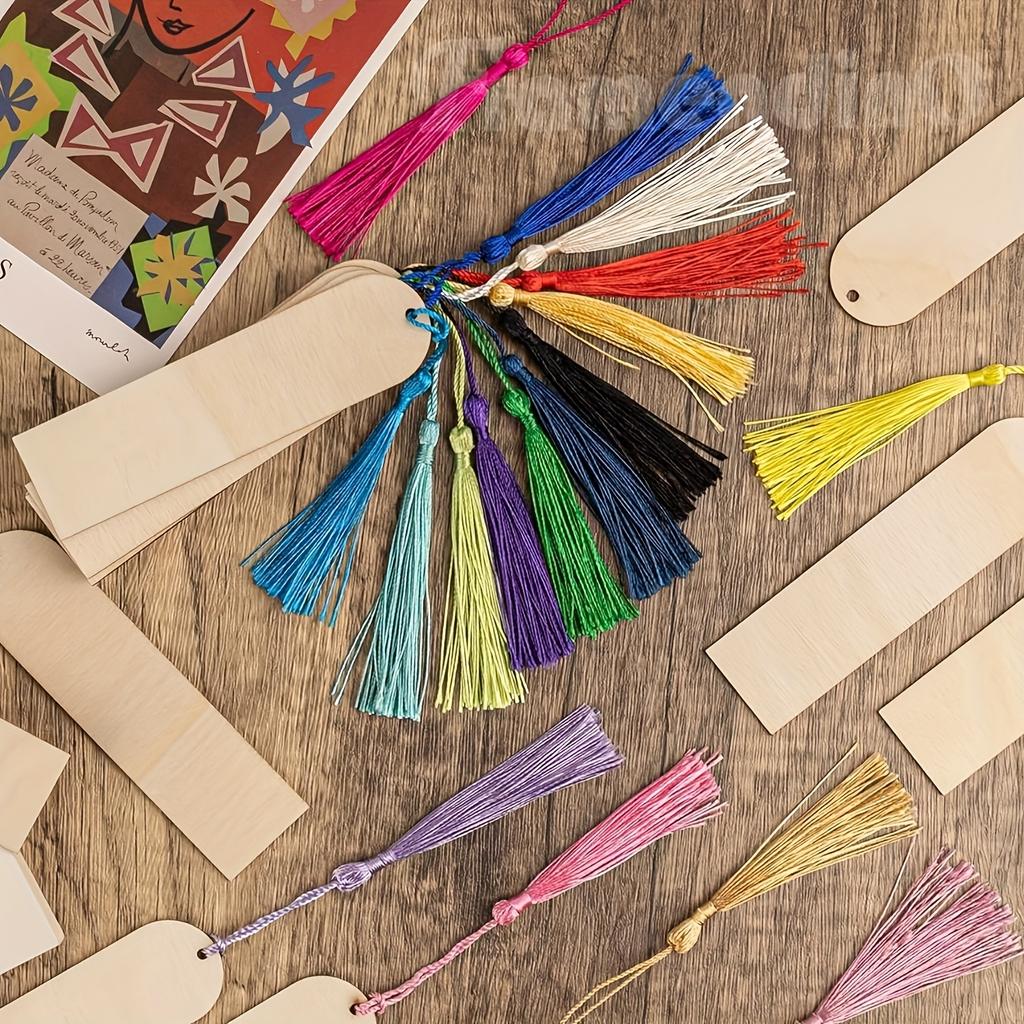 12pcs Unfinished Wooden Bookmark DIY Wood Craft Bookmarks with Laser Cut Wooden Hooks, Square Tags, 12 Tassels - Random Color