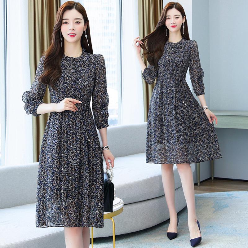 New Autumn Slim Floral Chiffon Dress for Women - Fashionable & Elegant Mid-Length Style