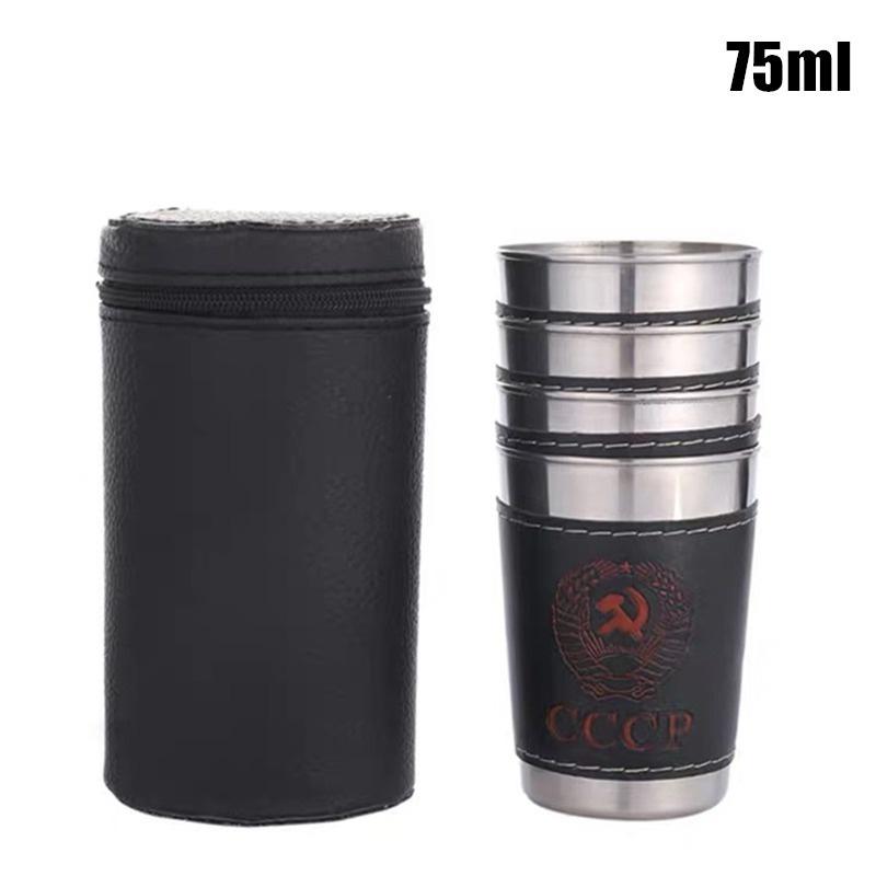 4pcs/set Vodka Cup 304 PU Holster Russia Stainless Steel Mini Wine Tumbler Portable Personalized 30ml/75ml/170ml Shot Glass Set
