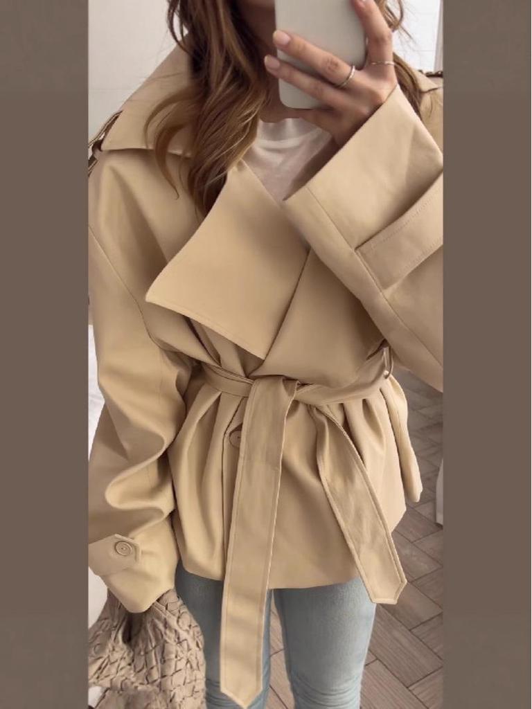 2025 Spring-Autumn Solid Color Belted Short Trench Coat